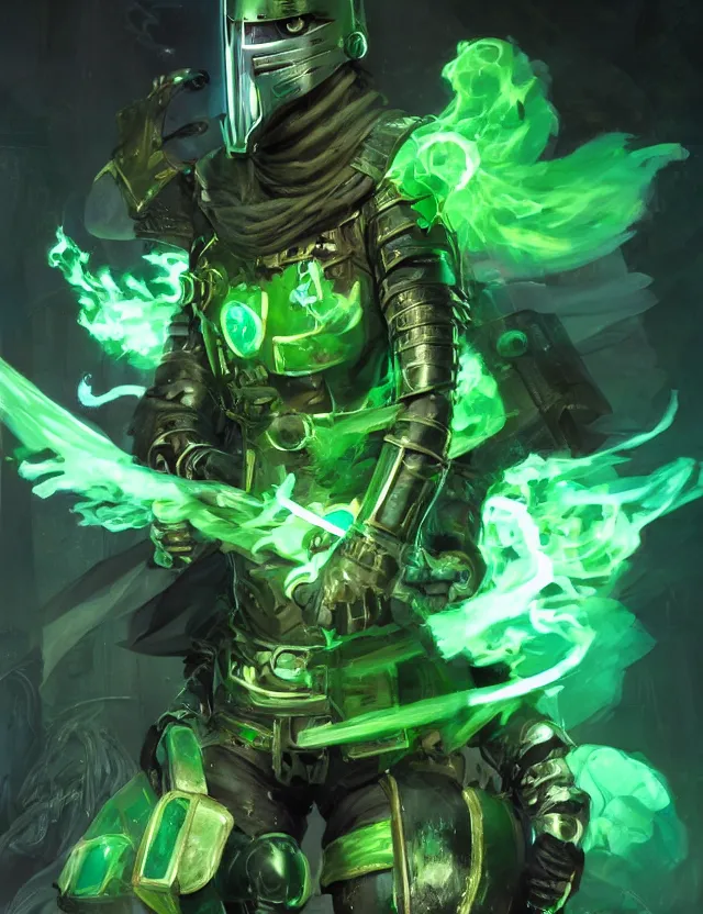 Image similar to cyberpunk masked knight in jade coloured cyberpunk armour alight with green flames, by frank fazetta and peter mohrbacher, trending on artstation, digital art, 4 k resolution, detailed, high quality, hq artwork, coherent, insane detail, concept art, character concept, character full body portrait