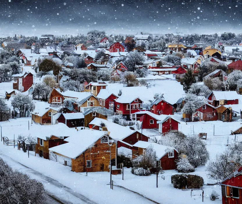 Image similar to A small rural town and neighborhood with small houses from the foreground into the horizon of the background on long roads and streets decorated with Christmas themed objects on their lawns, in the winter months of december, snow is everywhere, it is currently snowing and cloudy, very nostalgic, very melancholic, dramatic angle, rotoscoped, rotoscope, photoshop, photomanipulation, realism, painting, illustration and sketch, weird scribbles, hybrid styles, hybrid art styles, mismatched, trending on artstation, trending on deviantart, weird, quirky, interesting, very detailed, highly detailed, HD Quality, 4k resolution, 8k resolution, in the style of David Firth, in the style of James Lee, in the style of Drue Langlois,