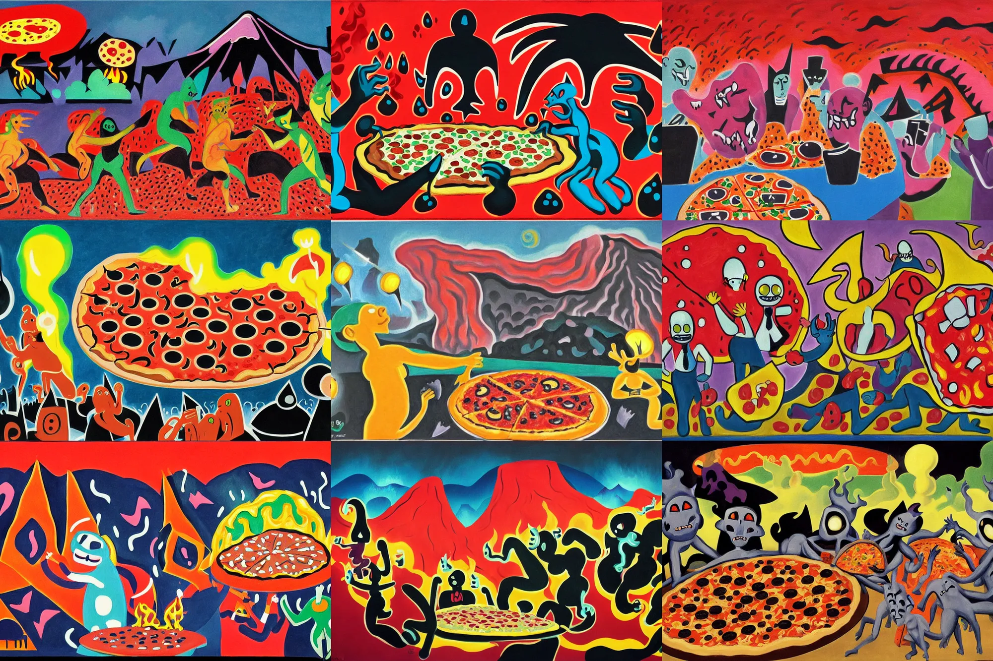 Prompt: masked demons grabbing a large pizza!!!, in the background is a volcano spewing lava and black smoke, streams of glowing hot lava, flashes of lightning in the distance. wide angle, long shot, an ultrafine detailed painting by henri matisse, deviantart, pop surrealism