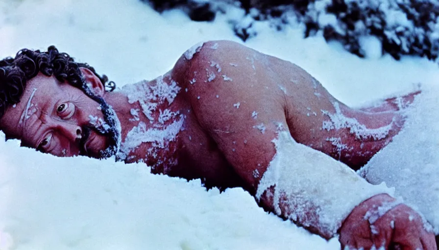 Image similar to 1 9 6 0 s movie still close up of marcus aurelius in toga frozen to death under the snow by the side of a river with gravel, pine forests, cinestill 8 0 0 t 3 5 mm, high quality, heavy grain, high detail, texture, dramatic light, anamorphic, hyperrealistic, detailed hair, foggy