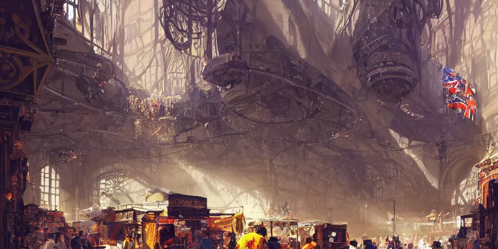 Prompt: a vibrant lively joyous marketplace on the edge of space, in a massive cavernous iron city, dappled light, tudor architecture, flags, colossal arcing metal structures high in the cavernous metal interior, sci - fi, beautiful, awe inspiring, by james gurney, greg rutkowski, sparth, thomas kinkaide, cinematography, misty, cinematic masterpiece