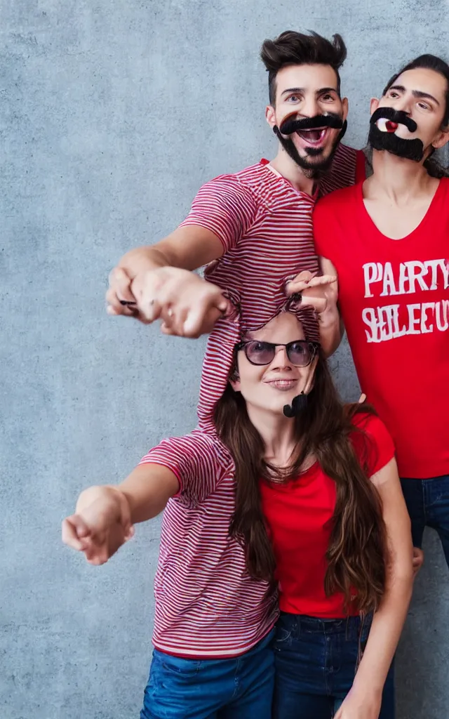 Prompt: Party at the apartment. A guy in a red t-shirt with a mustache and beard smiles in a selfie. Behind is a girl in a striped T-shirt. photo realistic 4k hd