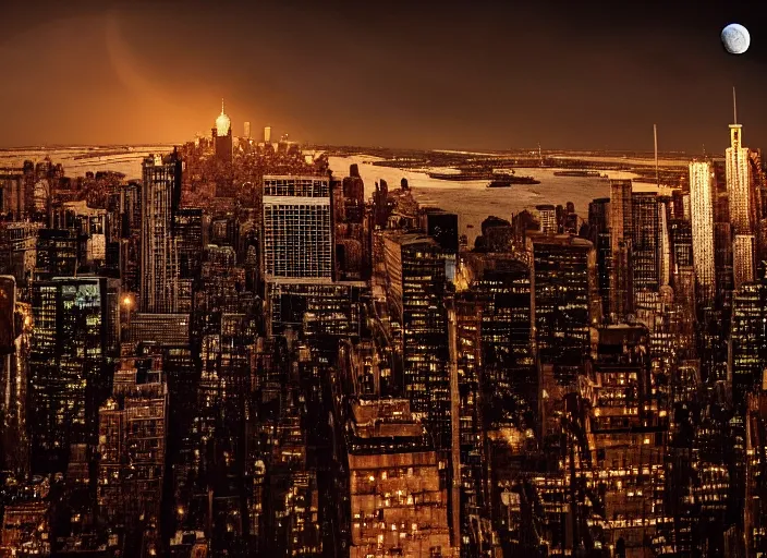 Image similar to film still of the moon shattering into pieces over manhatten in the new disaster movie, 8 k, night time