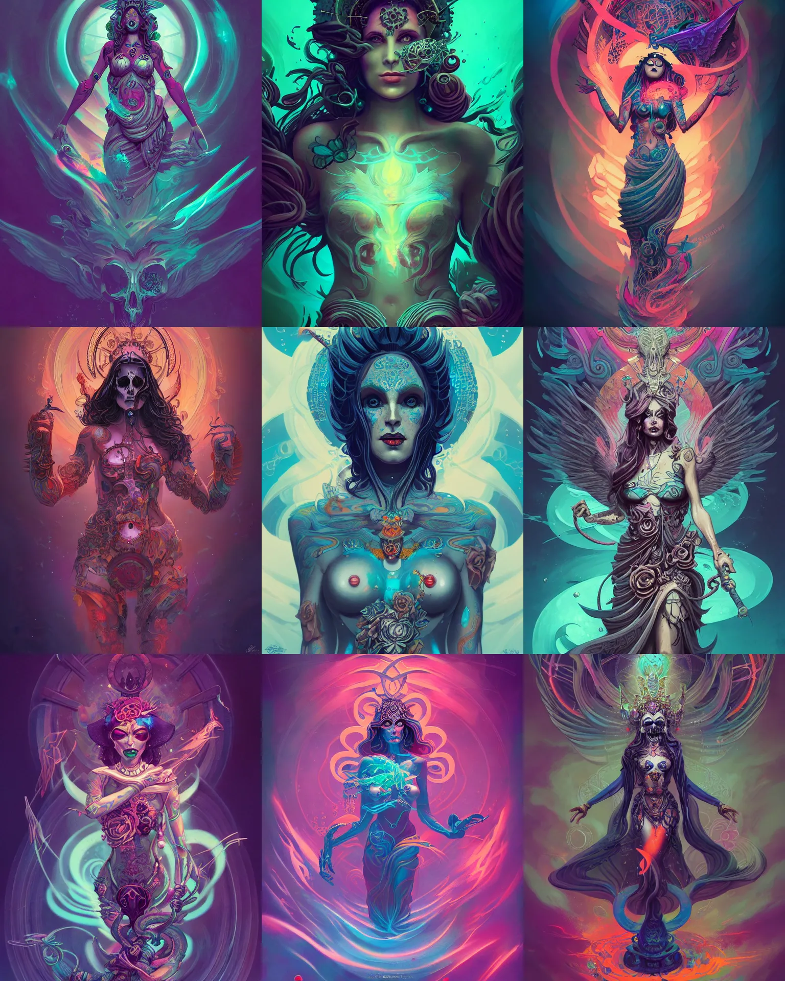Prompt: goddess of death with full body tattoos, by petros afshar, ross tran, peter mohrbacher, tom whalen, underwater psychedelic smoke, highly detailed, intricate, elaborate, illustration, sharp focus, feauted on artstation