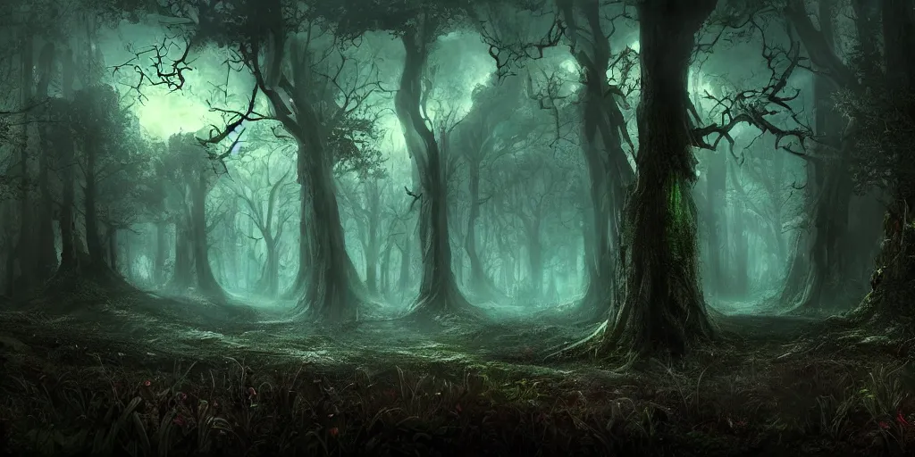 Image similar to beautiful matte painting of a fantasy dark forest at night