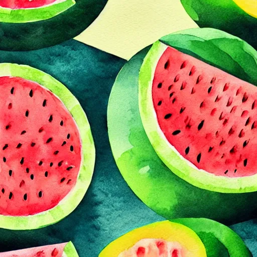 Image similar to hd retro illustration of watermelons and lemons, inspired by watercolor painting masterpieces