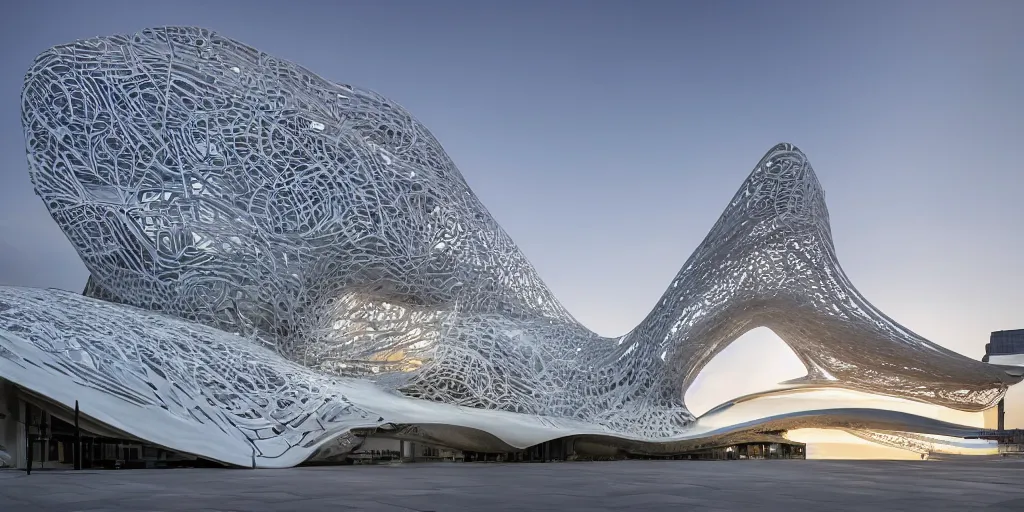 Image similar to extremely detailed ornate stunning sophisticated beautiful elegant futuristic museum exterior by Zaha Hadid, stunning volumetric light, sunset, concrete ant translucent material, stunning skies, 8k dragonfly structural pattern