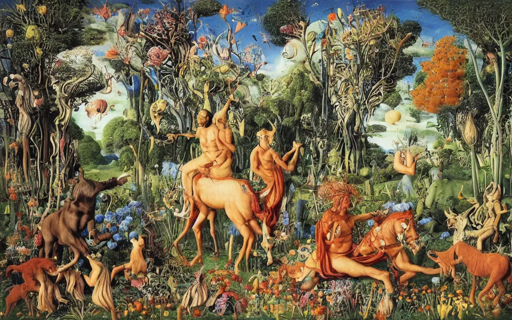 Image similar to photograph of a meditating centaur shaman and a striped werewolf feeding animals. surrounded by bulbous flowers, animals and a few trees. river delta with rock cliffs under a blue sky full of burning stars. painted by jan van eyck, max ernst, ernst haeckel, ernst fuchs and artgerm. trending on artstation, trending on cgsociety