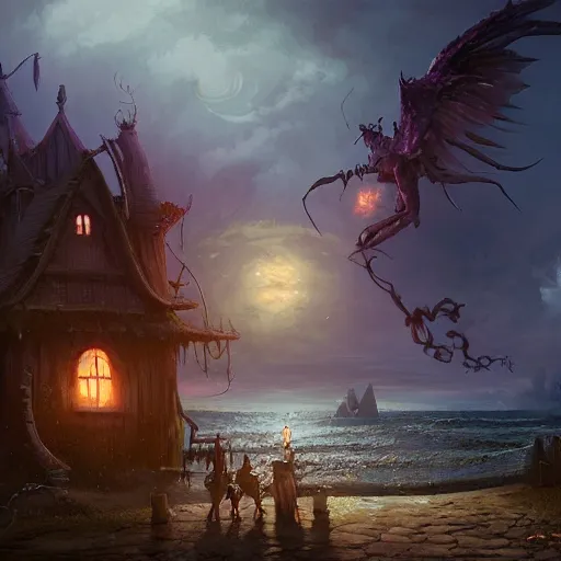 Image similar to scary witches in front of a candy witch house, floating on the ocean, epic scene, fantasy, cinematic, hyper - detailed, in the style of greg rutkowski