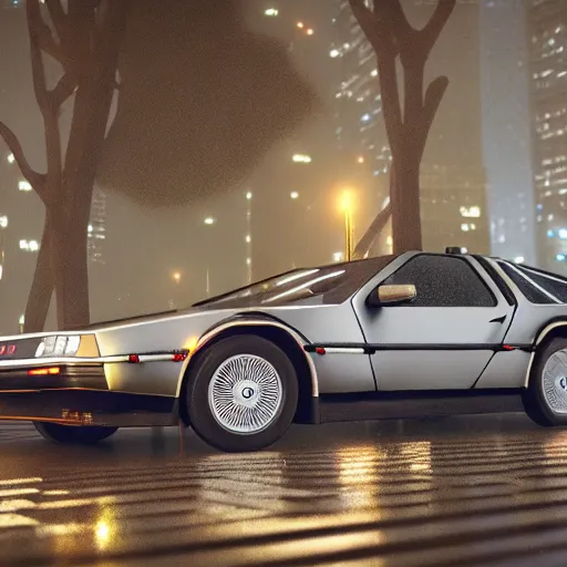 Image similar to hyperdetailed, photorealistic photograph of a dmc 1 2 delorean driving in the streets, rain, night, dense fog, hd, unreal engine 5