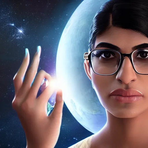 Image similar to hyperrealistic film full body still of mia khalifa in space, inspired by istvan sandorfi & greg rutkowski & unreal engine, perfect facial symmetry, dim volumetric cinematic lighting, 8 k octane comprehensive render, extremely hyper - detailed, incredibly lifelike attributes, intricate, real flesh texture, masterpiece, artstation, stunning,