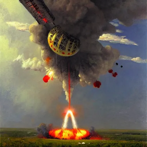 Image similar to a russian spaceship stuck in the ground, the spaceship is on fire, smoke, rainstorm, lightning, angry, kinetic, john sargent, adolphe bouguereaum, norman rockwell, style by peter deligdisch, trending on artstation, highly detailed oil painting,