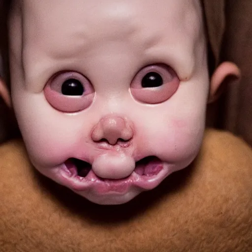 Prompt: soulless baby looking forward, glossy eyes, disfigured, dead appearance, high quality,