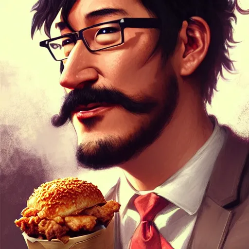 Prompt: Markiplier eating a KFC zinger, closeup, D&D style, fantasy, intricate, elegant, highly detailed, digital painting, artstation, concept art, matte, sharp focus, illustration, art by Artgerm and Greg Rutkowski and Alphonse Mucha