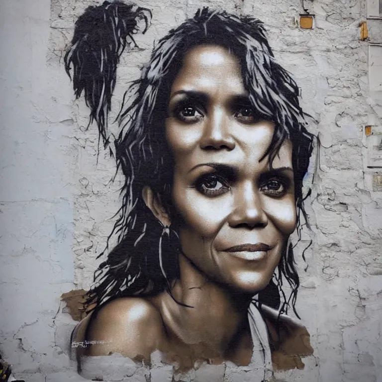 Image similar to Street-art portrait of Halle Maria Berry in style of Banksy, photorealism