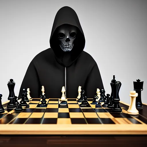 Image similar to grim reaper playing chess with cat 8 k, ultra realistic, unreal engine 5