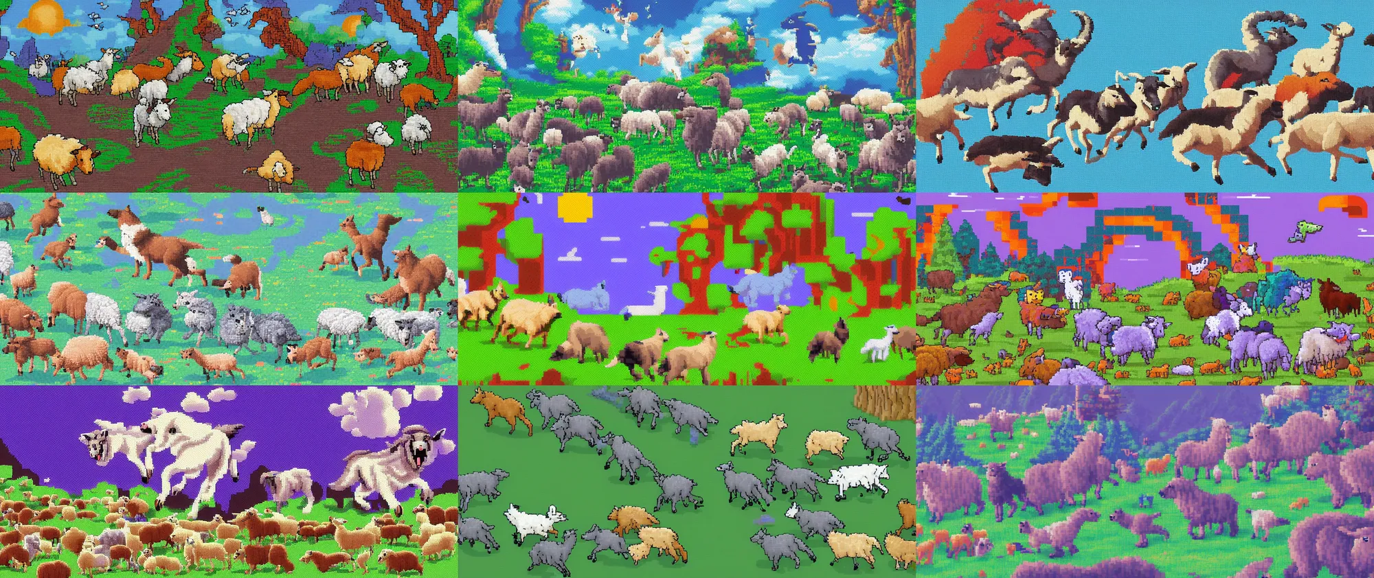 Prompt: a wolf is chasing after a group of sheep, pixel art, vivid color