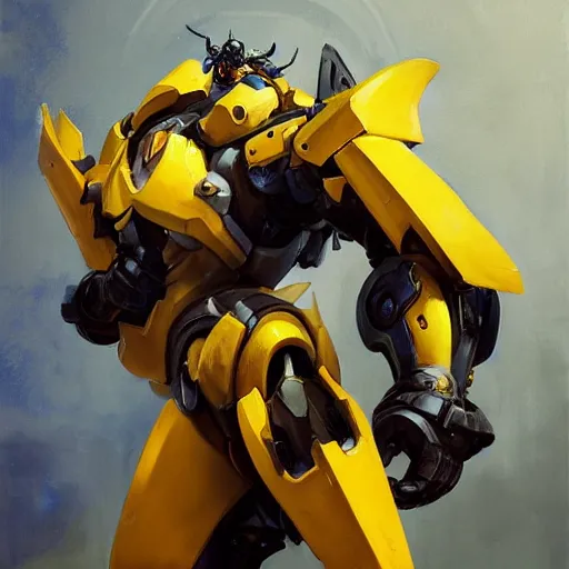 Image similar to greg manchess portrait painting of bumblebee the transformer as overwatch character, medium shot, asymmetrical, profile picture, organic painting, sunny day, matte painting, bold shapes, hard edges, street art, trending on artstation, by huang guangjian, gil elvgren, ruan jia, greg rutkowski, gaston bussiere