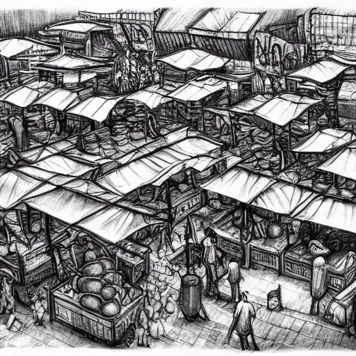 Prompt: Street Market of Salvador Bahia , artwork by kentaro miura, Kentaro Miura style, Berserk Style, High details, centered full body pose, zenith angle, dramatic lighting, concept, manga, black and white ink style, a lot of details with ink shadows