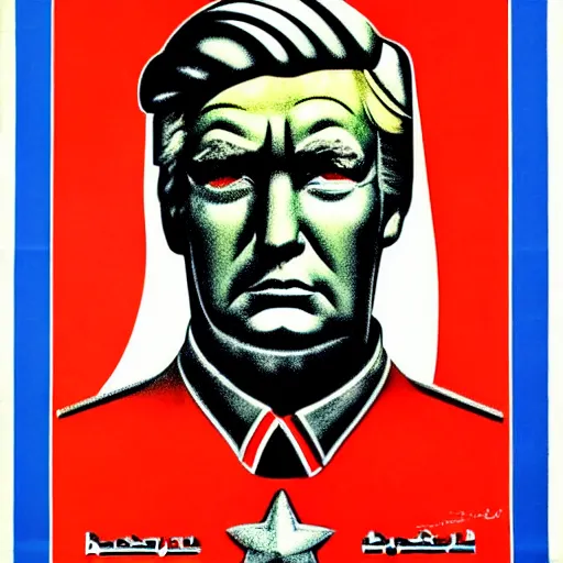 Image similar to ussr propaganda art demonstrating red army soldier looking as donald trump in world war two, pop art, detailed face