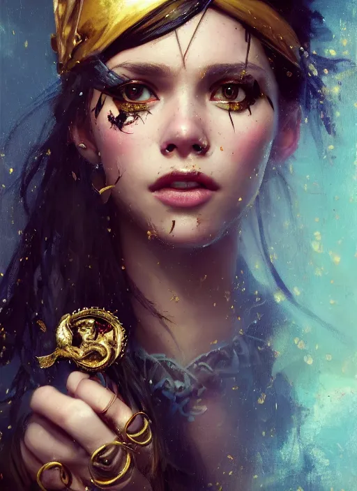 Image similar to full body picture of a pirate girl, hard breathing, messy hair, very excited, front of the treasure box, jewels and gold on the background, coveted, beautiful and aesthetic and attractive and detailed face, specular reflection, occlusion shadow, intricate, bokeh, masterpiece, by ilya kuvshinov and jeremy lipking and quentin mabille