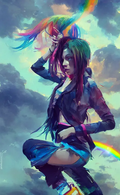 Prompt: a kawaii woman with rainbow hair dancing, kawaii shirt and jeans, In style of Yoji Shinkawa, wojtek fus, by Jordan Grimmer and greg rutkowski, concept art, highly detailed