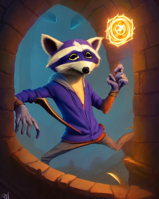 Image similar to 3 d model, highly detailed digital illustration portrait of hooded sorcerer sly cooper raccoon casting a magical glowing spell in a castle, action pose, d & d, magic the gathering, by rhads, lois van baarle, jean - baptiste monge,