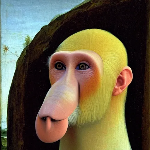 Image similar to Portrait of a Proboscis monkey, wearing a white wig, renaissance painting