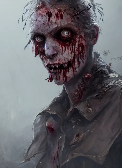 Image similar to A fancy portrait of a zombie by Greg Rutkowski, Sung Choi, Mitchell Mohrhauser, Maciej Kuciara, Johnson Ting, Maxim Verehin, Peter Konig, Bloodborne, 8k photorealistic, cinematic lighting, HD, high details, dramatic, atmospheric , trending on artstation