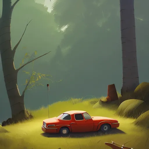 Image similar to goro fujita ilustration hikers parking the car in the forest, painting by goro fujita, sharp focus, highly detailed, artstation