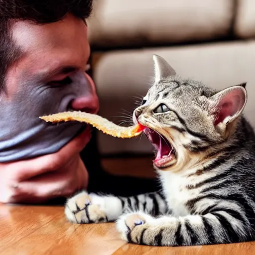 Image similar to a monster kitten tries to eat a man in his living room