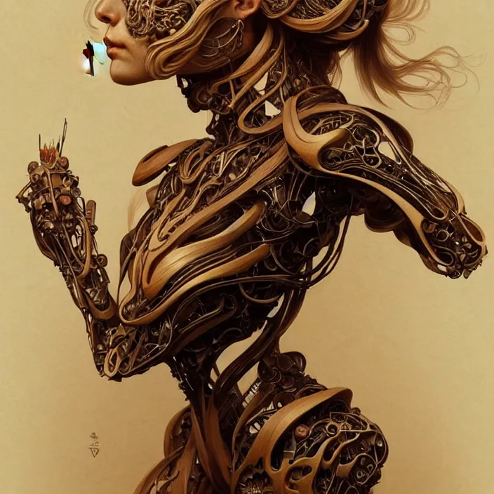 Image similar to organic cyborg, japanese wood carving, diffuse lighting, fantasy, intricate, elegant, highly detailed, lifelike, photorealistic, digital painting, artstation, illustration, concept art, smooth, sharp focus, art by John Collier and Albert Aublet and Krenz Cushart and Artem Demura and Alphonse Mucha