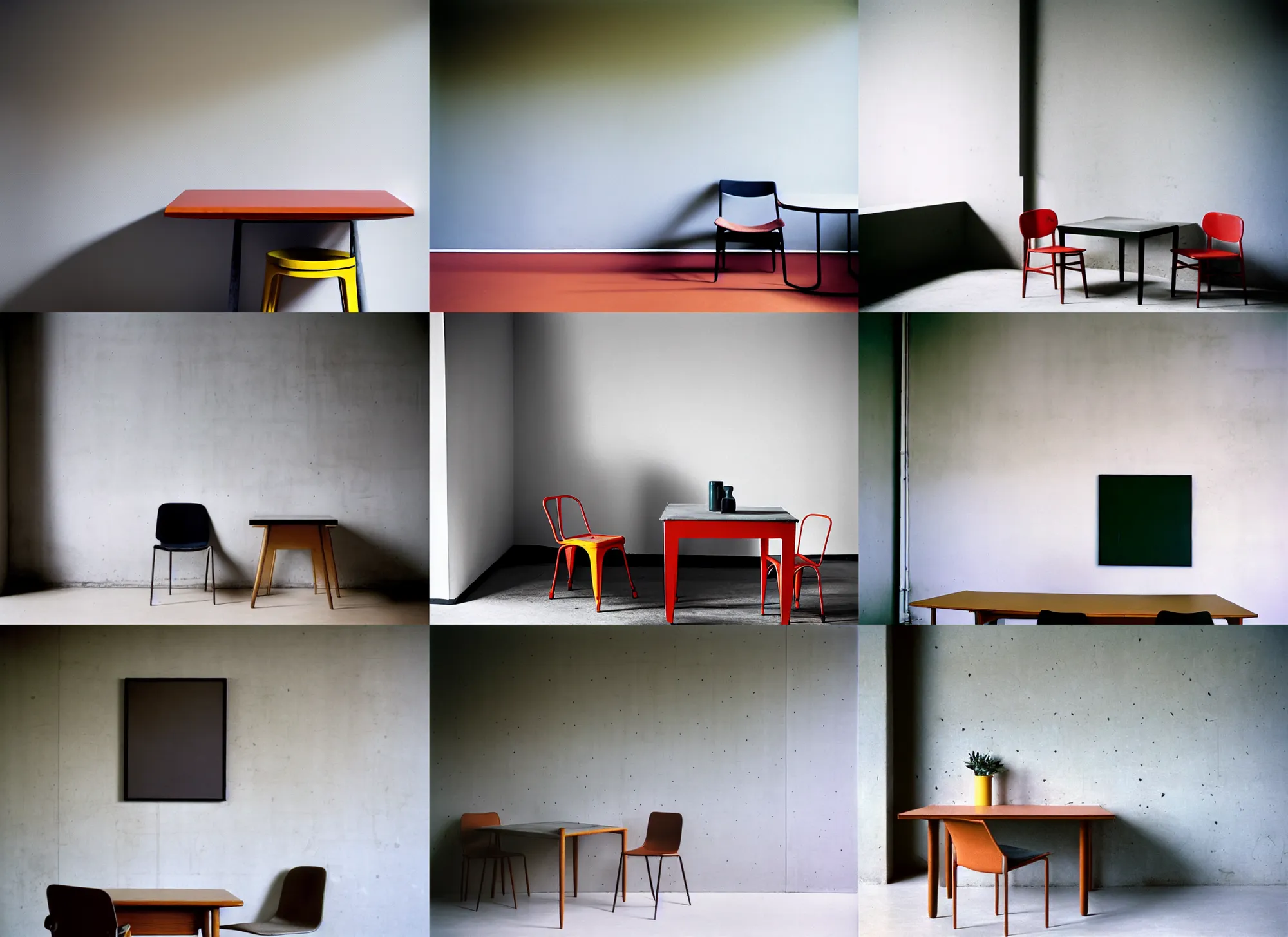 Prompt: kodak portra 4 0 0, 8 k, highly detailed, britt marling style, award winning colour still - life portrait of a rough concrete wall, a large square pictureframe is hanging on this wall. a minimalistic 1 9 6 0 s table and a minimalistic 1 9 6 0 s chair on the floor, 1 9 2 0 s minimalism style