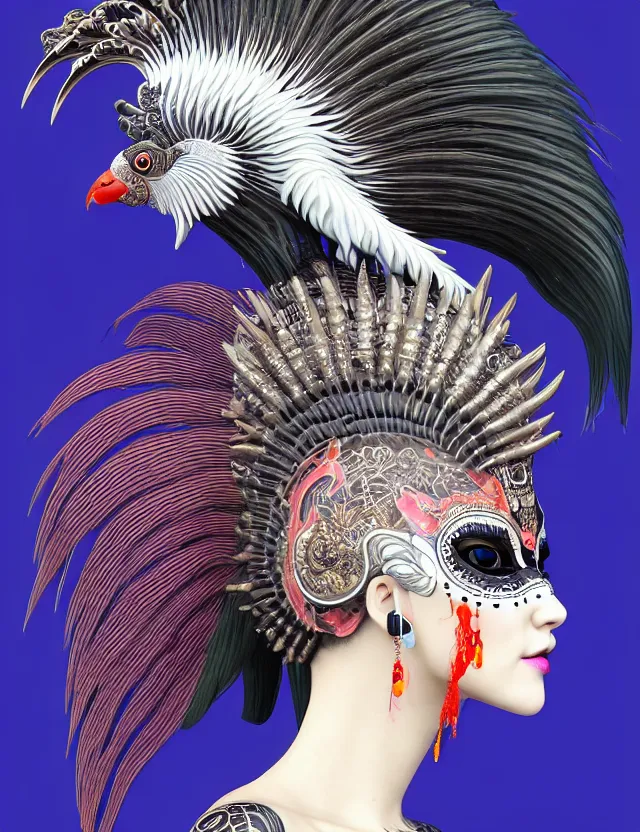 Image similar to 3 d goddess close - up profile portrait punk with mohawk with ram skull. beautiful intricately detailed japanese crow kitsune mask and clasical japanese kimono. betta fish, jellyfish phoenix, bio luminescent, plasma, ice, water, wind, creature