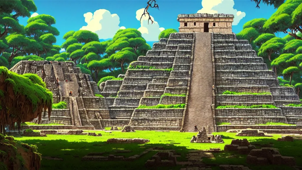 Prompt: ancient mayan ruins, studio ghibli, pixar and disney animation, sharp, rendered in unreal engine 5, highly detailed, digital painting, artstation, concept art, smooth, sharp focus, illustration, wide angle, artbook, wallpaper, splash art, promo art, dramatic lighting, art by artgerm and greg rutkowski and bo chen and jin xiaodi