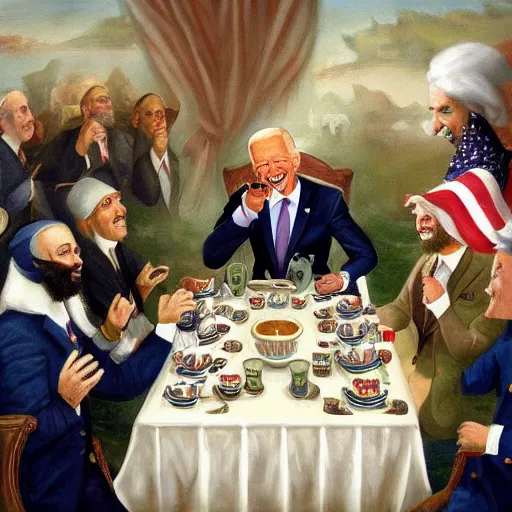 Image similar to a painting of joe biden laugh in tea party with osama bin laden, justify content center, hyper realistic content, frontal hyperdetailed realistic content, remove duplicate content