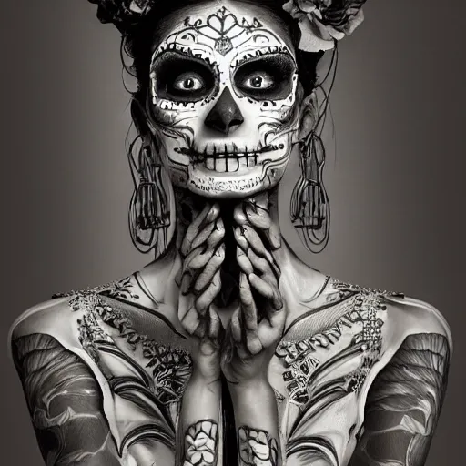 Prompt: the portrait of an absurdly beautiful, graceful, sophisticated, fashionable dia de los muertos gravure idol, an ultrafine hyperdetailed illustration by kim jung gi, irakli nadar, matt wisniewski, tribal makeup, intricate linework, iridescent wiring, porcelain skin, unreal engine 5 highly rendered, global illumination, radiant light, detailed and intricate environment