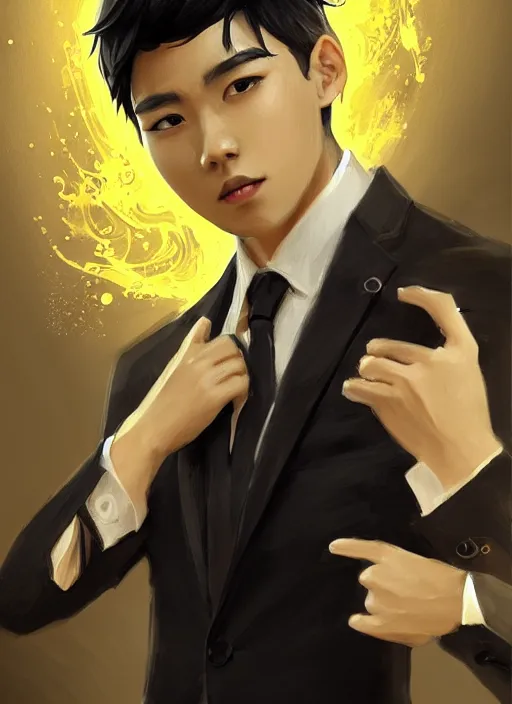 Image similar to a highly detailed illustration of young attractive black haired asian boy wearing black suit and tie with coattails, yellow eyes, dramatic elegant pose, strings background, intricate, elegant, highly detailed, centered, digital painting, artstation, concept art, smooth, sharp focus, league of legends concept art, wlop.