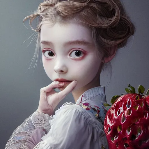 Image similar to the portrait of the absurdly beautiful, graceful, elegant, sophisticated, fashionable little girl made of strawberries and white petals looking down, an ultrafine hyperdetailed illustration by kim jung gi, irakli nadar, intricate linework, bright colors, octopath traveler, final fantasy, unreal engine 5 highly rendered, global illumination, radiant light, detailed and intricate environment