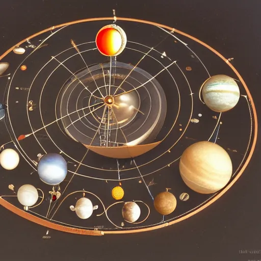 Image similar to a kinetic sculpture of this solar system, sun, mercury, venus, earth, mars, jupiter, saturn, uranus, neptune, pluto, orrery, canon 5 d 5 0 mm lens, papier - mache, studio, circa 1 8 9 5