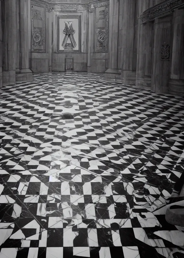 Image similar to interior of a masonic temple, black and white checkered floor, photography, symmetry