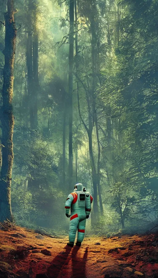 Image similar to american astronaut in the forest in orange and teal suite, plants environment wide angle cinematic lighting atmospheric realistic octane render highly detailed, octane render, in the style of craig mullins