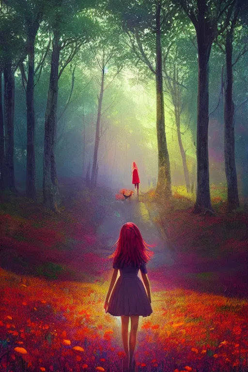 Image similar to giant daisy flower head, girl walking in a green forest, surreal photography, sunrise, dramatic light, impressionist painting, colorful clouds, digital painting, artstation, simon stalenhag