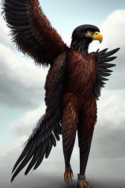 Image similar to epic professional digital art of a human - eagle hybrid animal wearing human flight jumpsuit, air force jumpsuit, humanoid feathered head, eagle beak, by lisa roet, sam leach, artstation, cgsocietywlop, epic, much wow, much detail