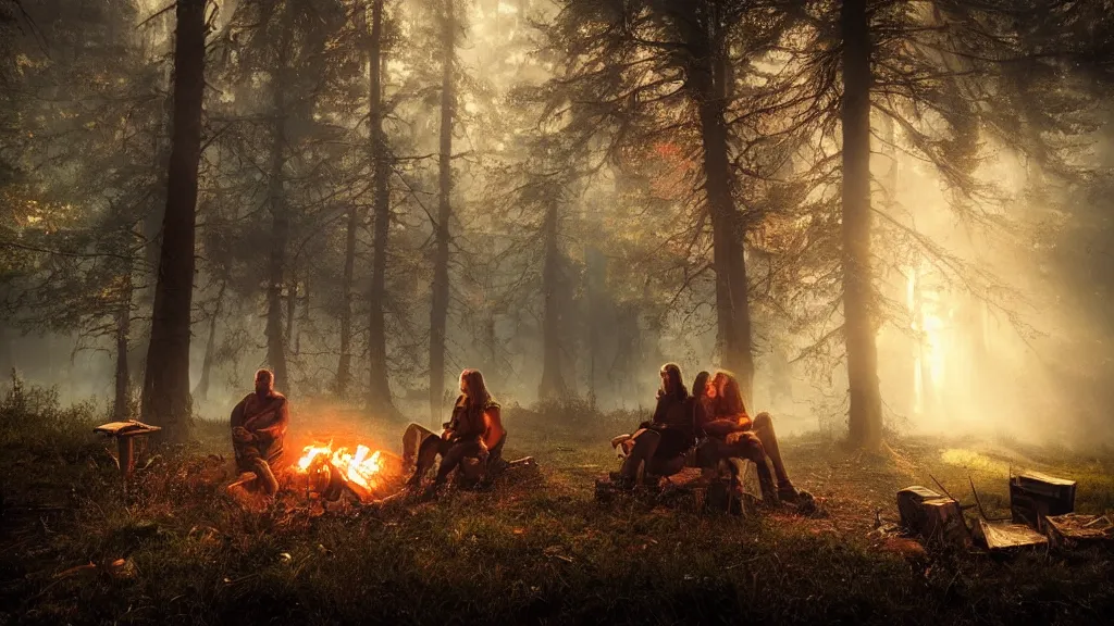 Image similar to stalker and witcher sitting near campfire, by marc adamus, beautiful dramatic lighting