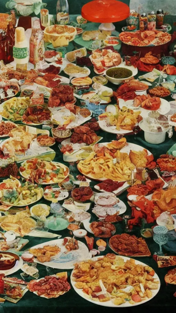 Prompt: 1 9 6 0 s food magazine photo of a lavish spread of disgusting and strange party foods, on a velvet table cloth, soft focus