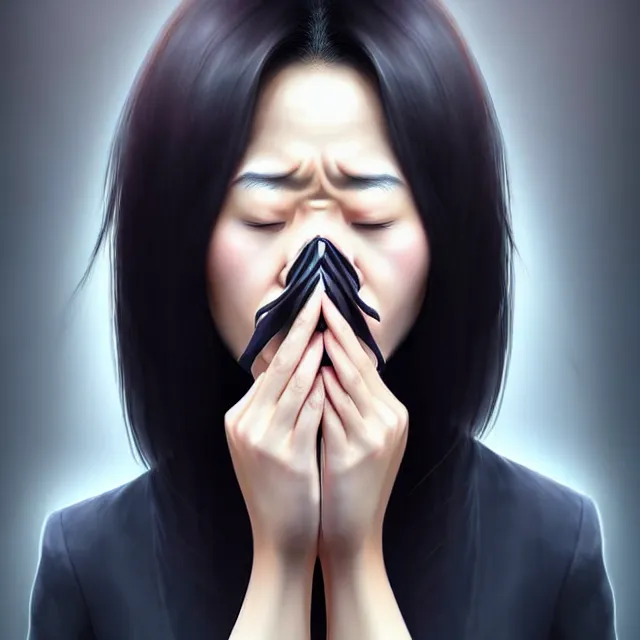 Prompt: epic professional digital portrait art of Asian female lawyer with a cold blowing her nose, best on artstation, cgsociety, wlop, Behance, pixiv, astonishing, impressive, outstanding, epic, cinematic, stunning, gorgeous, much detail, much wow,, masterpiece.