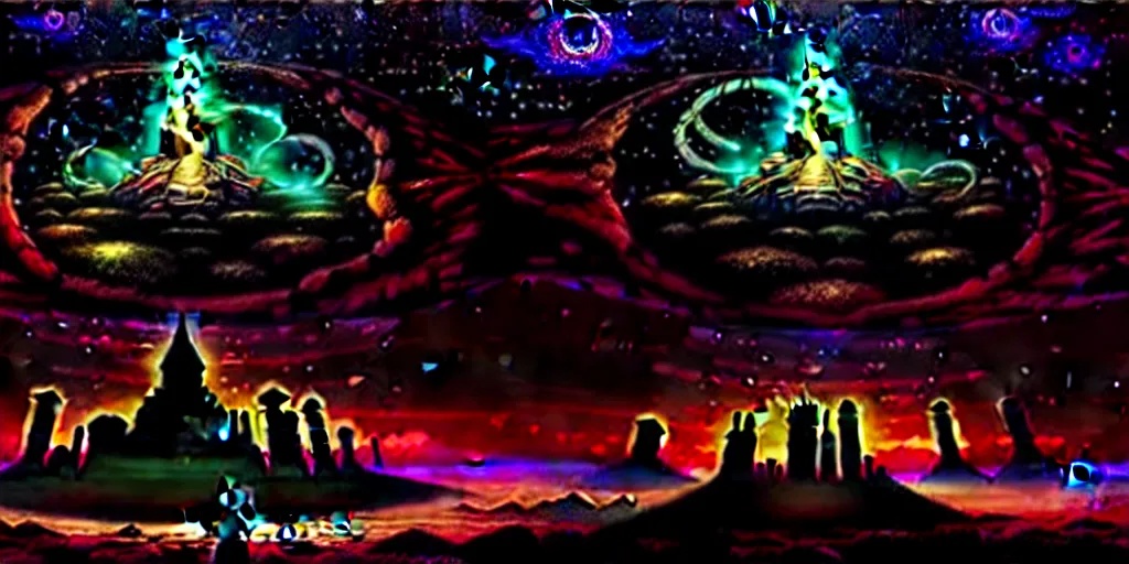 Prompt: an digital painting of the ancient city surrounded by magic guardians, collosal sculpture of faceless god in the middle, lovecraft style, intricate details, detailed sky, starry night, artstation, epic scenery, colourful light, cinematic, by marco bucci and vasnetsov