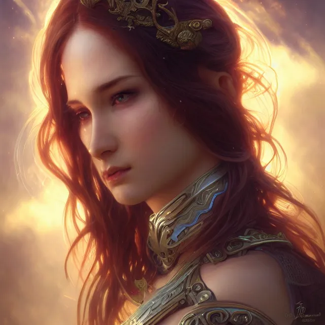 Image similar to close up portrait of a beautiful fantasy female warrior, shiny, glowing hair, subsurface scattering, artistic, magical background with light rays, fantasy atmosphere. art by artgerm, greg rutkowski and alphonse mucha, highly detailed, intricate, lifelike. sci - fi, fantasy, magical, octane render,