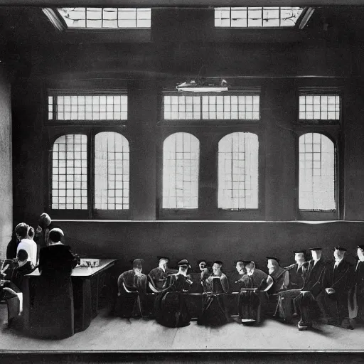 Image similar to an image of a civic criminal court, in a medium full shot, russian and japanese mix, high - key lighting, warm lighting, overcast flat midday sunlight, a vintage historical fantasy 1 9 1 5 photo from life magazine, professional cooperate, the new york times photojournalism.